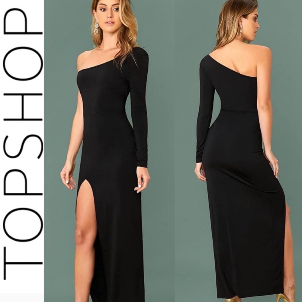 Topshop Black One-Shoulder Dress Maxi long Slit sexy wedding prom formal